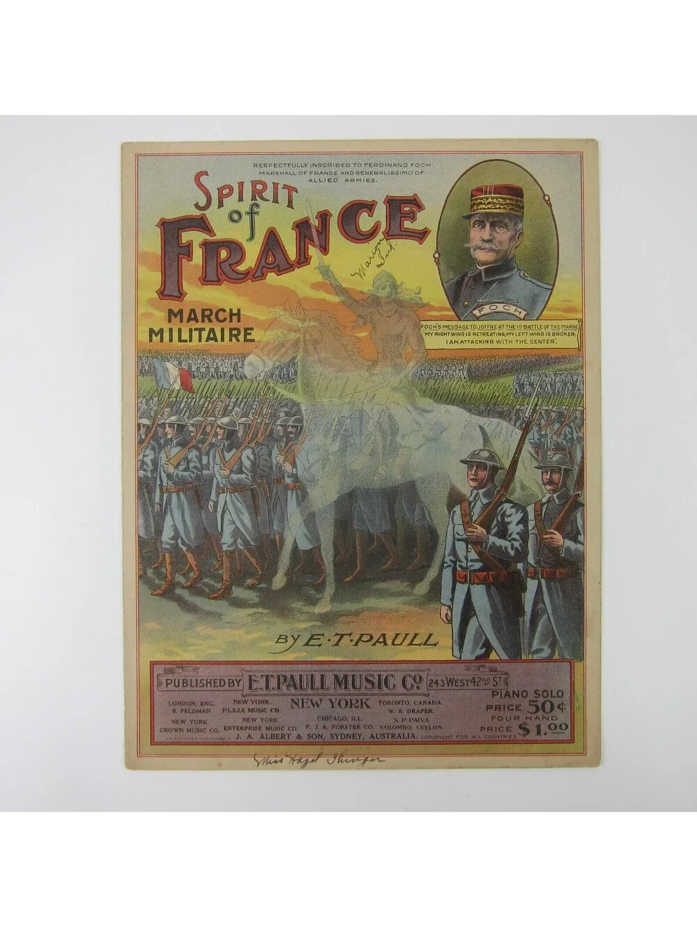 Sheet Music Spirit of France March Militaire E. T. Paull WWI War Antique 1919
